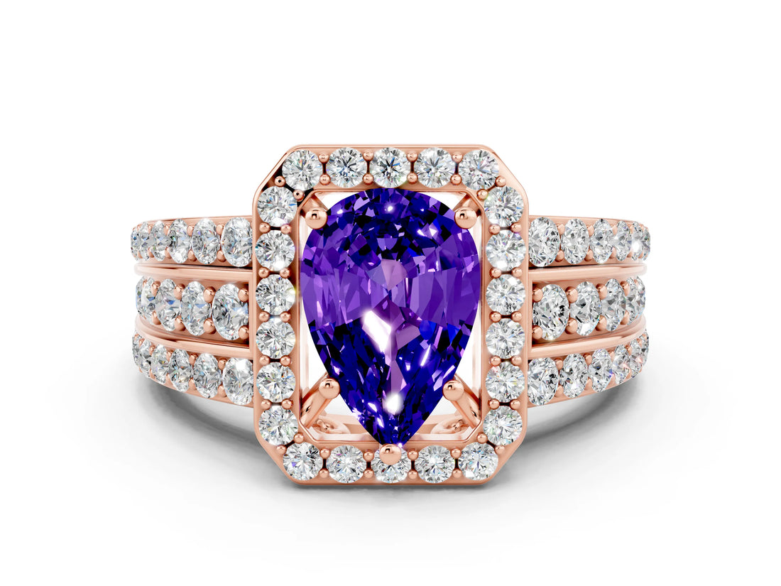 Rose gold Pear Cut Halo Tanzanite Ring with Split Shank and Four-Prong Setting