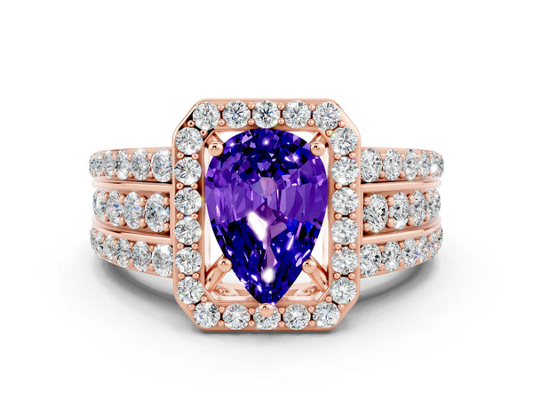 Rose gold Pear Cut Halo Tanzanite Ring with Round  Split Shank and Prong Setting
