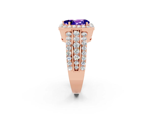 Rose gold Pear Cut Halo Tanzanite Ring with Round  Split Shank and Prong Setting