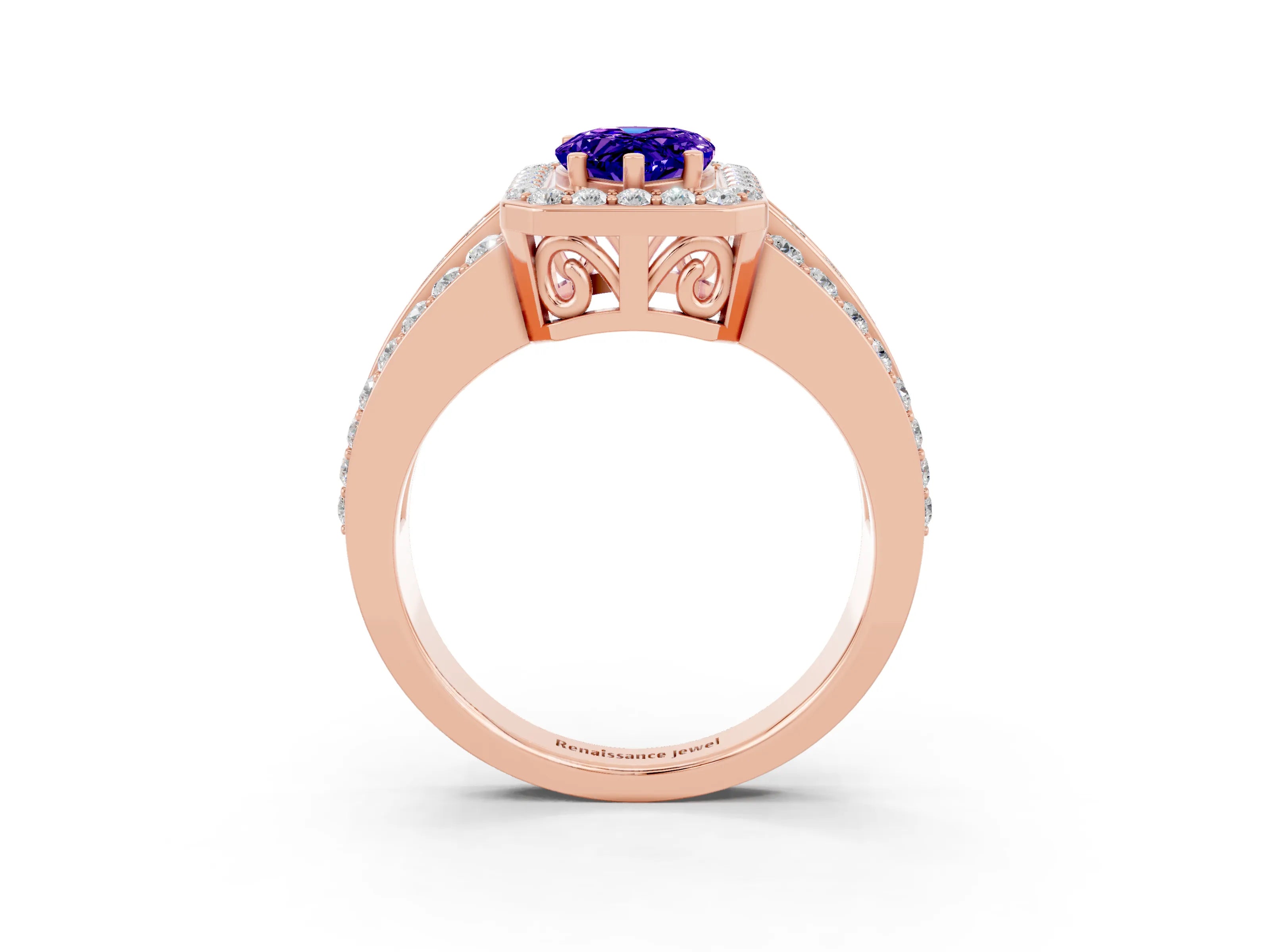 Rose gold Pear Cut Halo Tanzanite Ring with Split Shank and Four-Prong Setting_3