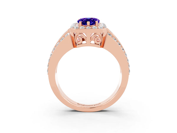 Rose gold Pear Cut Halo Tanzanite Ring with Round  Split Shank and Prong Setting