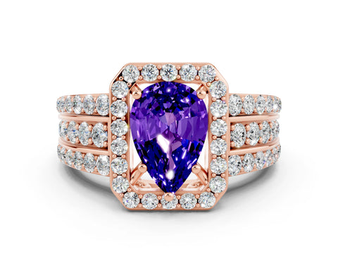 Rose gold Pear Cut Halo Tanzanite Ring with Split Shank and Four-Prong Setting