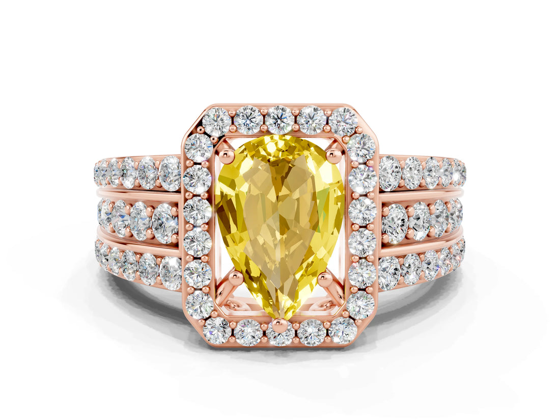 Rose gold Pear Cut Halo Yellow Sapphire Ring with Split Shank and Four-Prong Setting_24