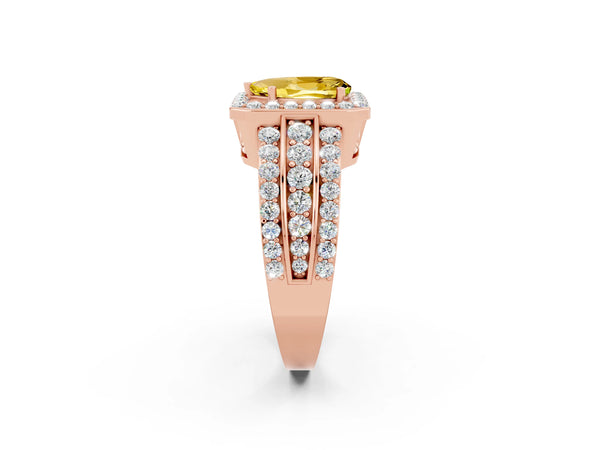 Rose gold Pear Cut Halo Yellow Sapphire Ring with Round  Split Shank and Prong Setting