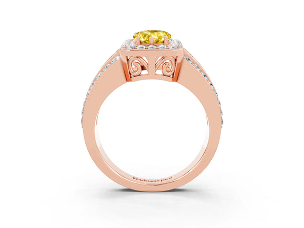 Rose gold Pear Cut Halo Yellow Sapphire Ring with Round  Split Shank and Prong Setting
