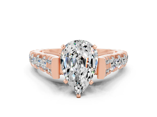 Rose gold Pear Cut Moissanite Classic Solitaire Ring with Pavé Band and Four-Prong Setting