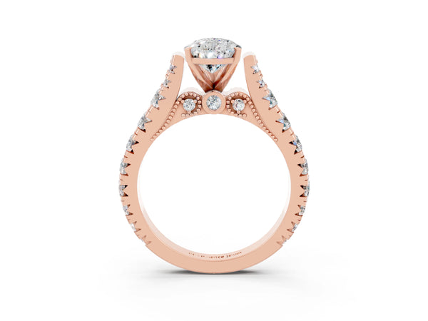 Rose gold Pear Cut Moissanite Classic Solitaire Ring with Pavé Band and Four-Prong Setting