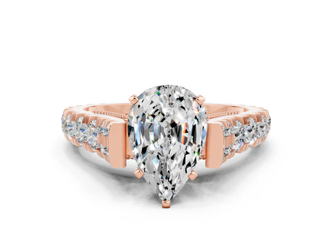 Rose gold Pear Cut Moissanite Classic Solitaire Ring with Pavé Band and Four-Prong Setting