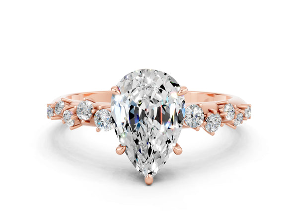 Rose gold Pear Cut Moissanite Cluster Side Stone Solitaire Ring with Prong Setting