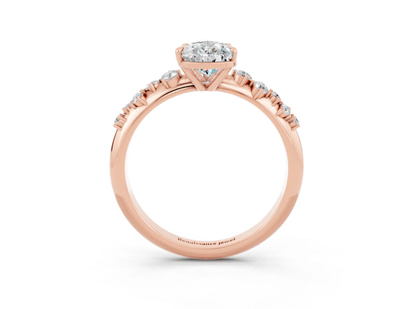Rose gold Pear Cut Moissanite Cluster Side Stone Solitaire Ring with Prong Setting