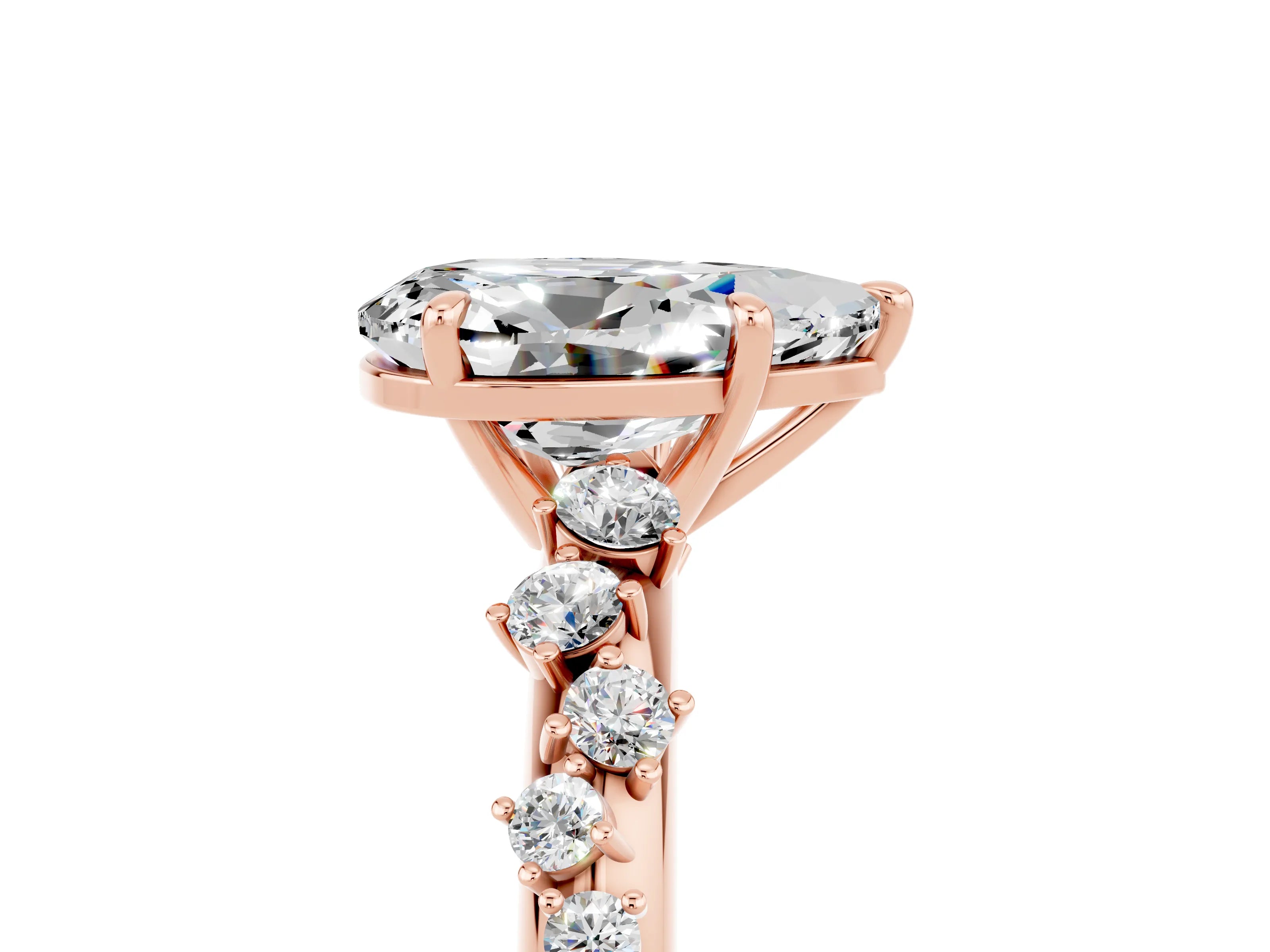 Rose gold Pear Cut Moissanite Cluster Side Stone Solitaire Ring with Prong Setting_28