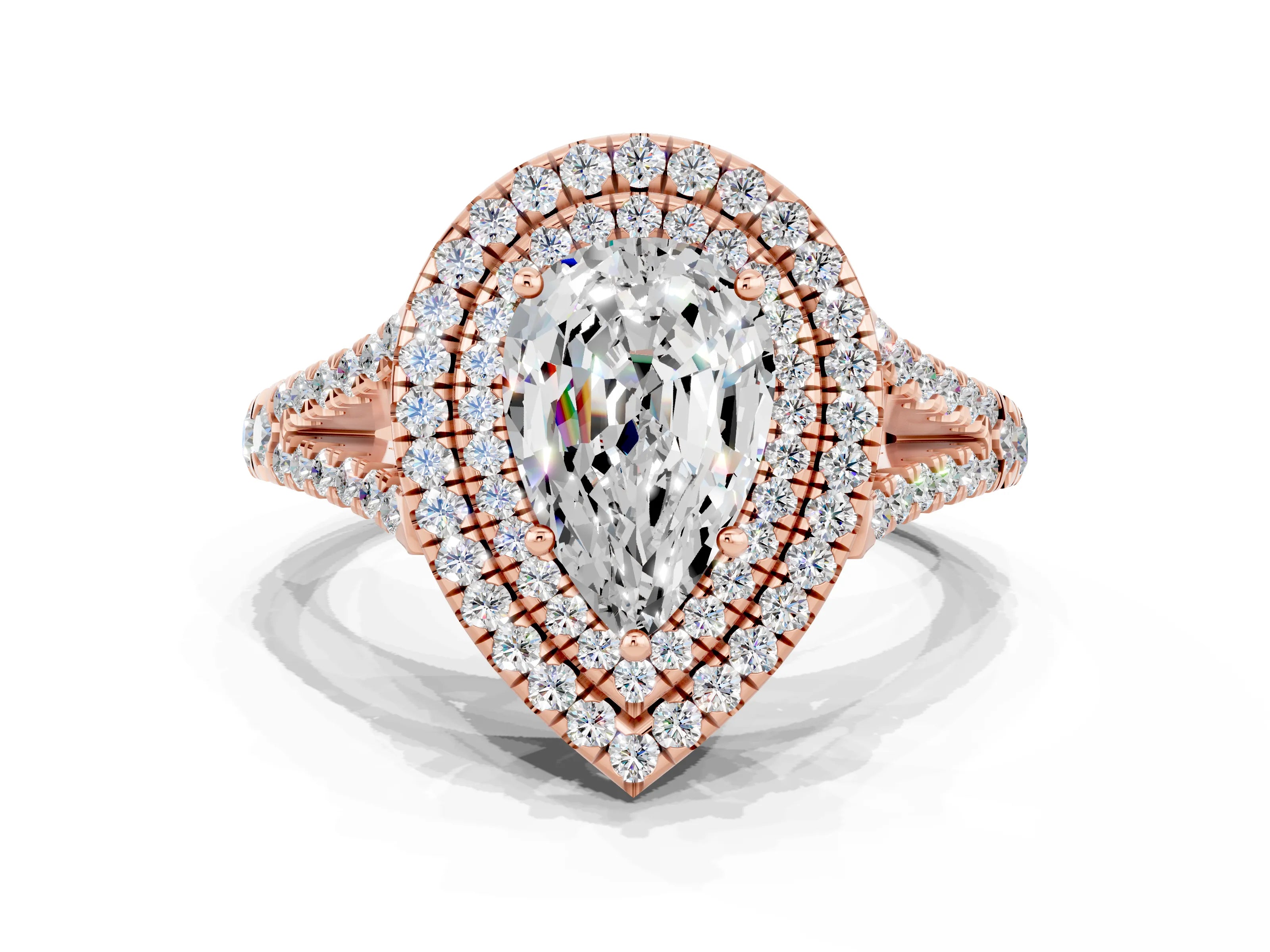 Rose gold Pear Cut Moissanite Double Halo Ring with Pavé Band and Prong Setting_12