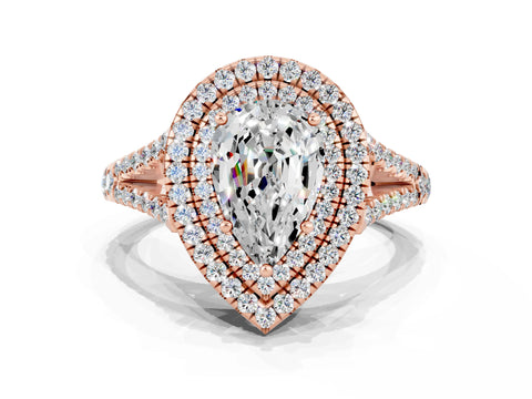 Rose gold Pear Cut Moissanite Double Halo Ring with Pavé Band and Prong Setting_12