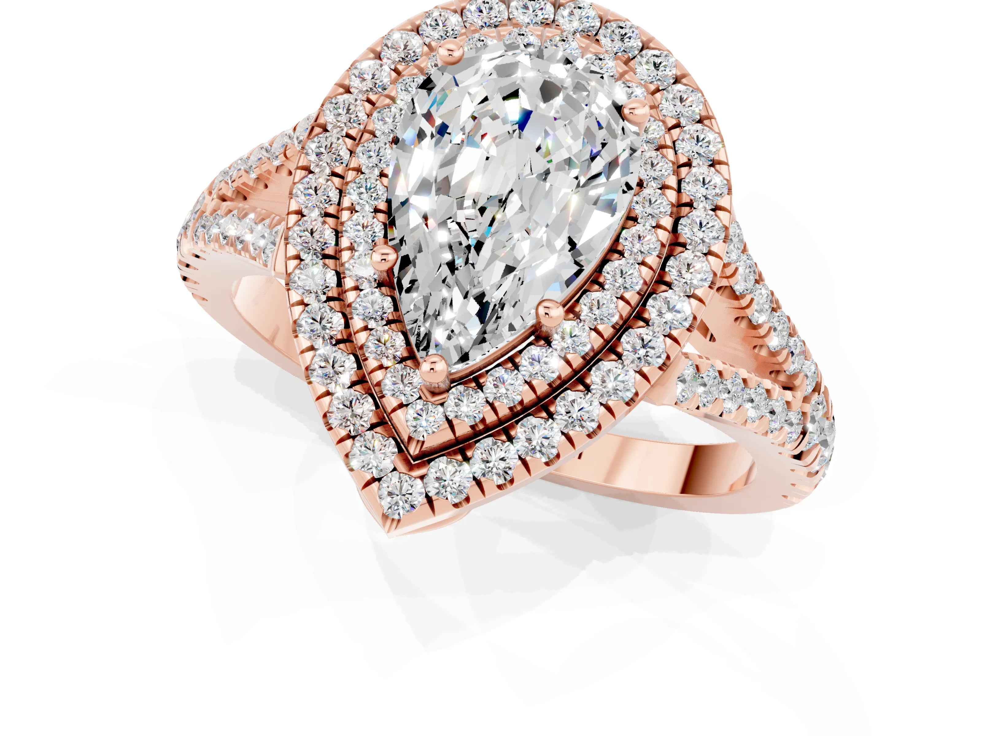 Rose gold Pear Cut Moissanite Double Halo Ring with Pavé Band and Prong Setting_13