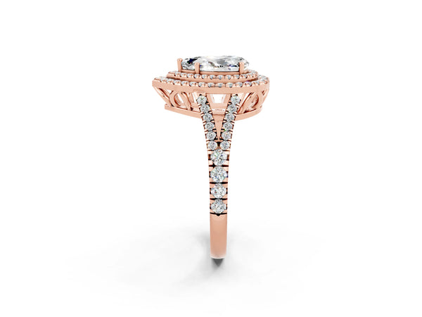 Rose gold Pear Cut Moissanite Double Halo Ring with Pavé Band and Prong Setting