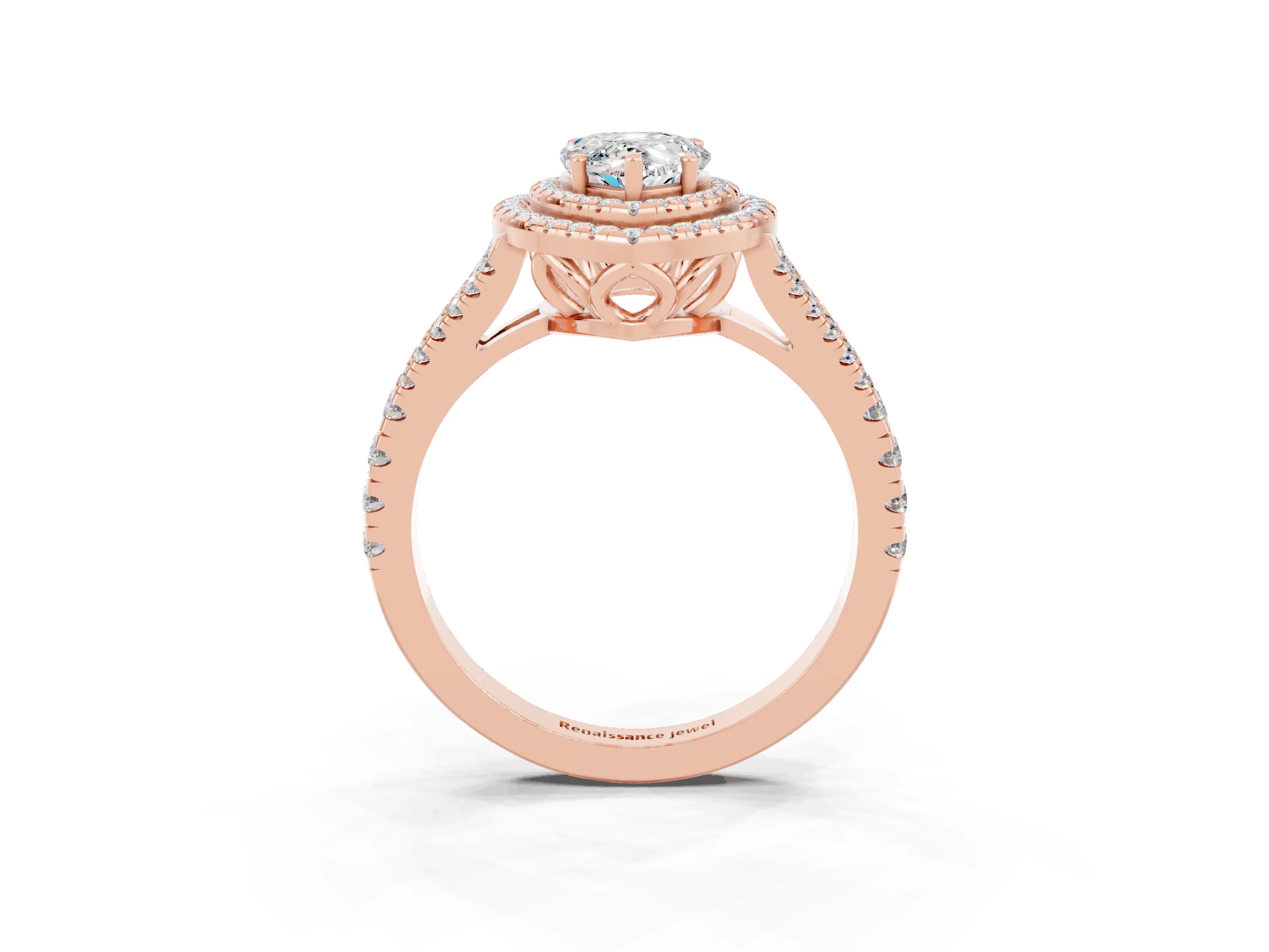 Rose gold Pear Cut Moissanite Double Halo Ring with Pavé Band and Prong Setting_15