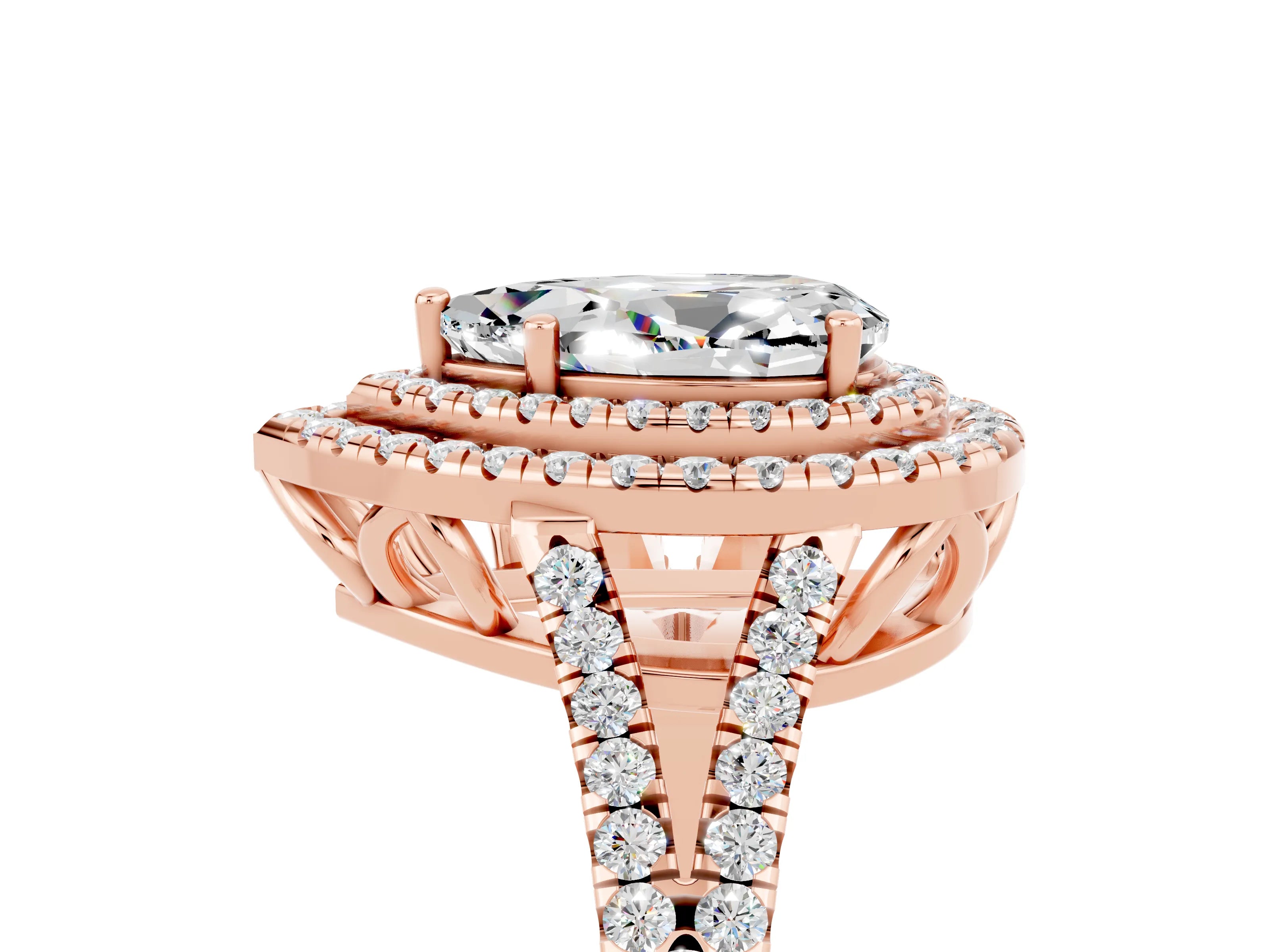Rose gold Pear Cut Moissanite Double Halo Ring with Pavé Band and Prong Setting_17