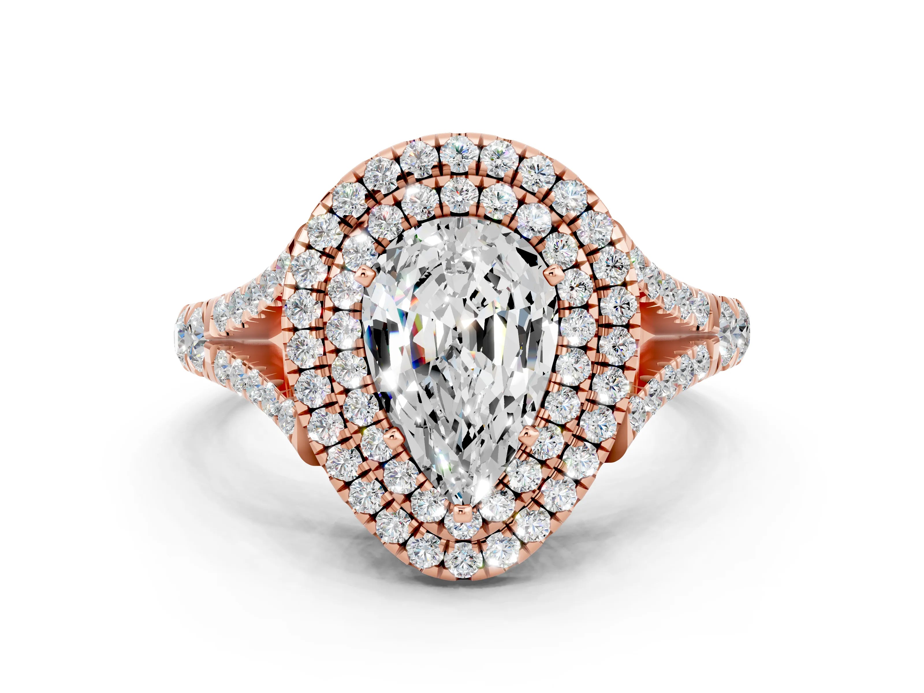 Rose gold Pear Cut Moissanite Double Halo Ring with Split Shank and Prong Setting_12