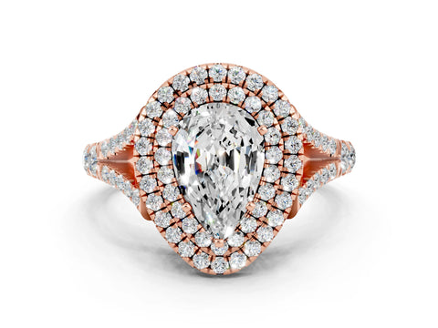 Rose gold Pear Cut Moissanite Double Halo Ring with Split Shank and Prong Setting_12