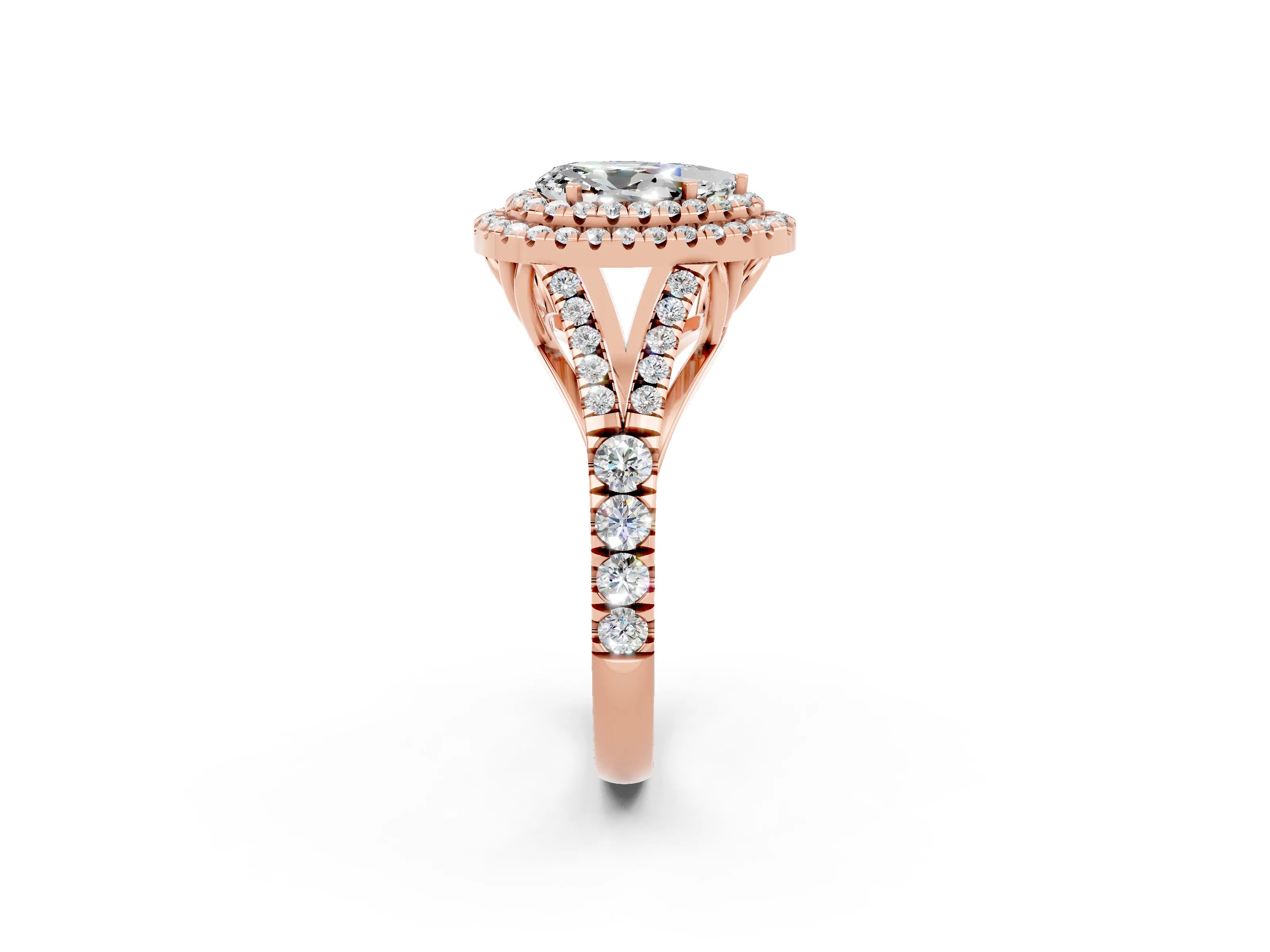 Rose gold Pear Cut Moissanite Double Halo Ring with Split Shank and Prong Setting_14
