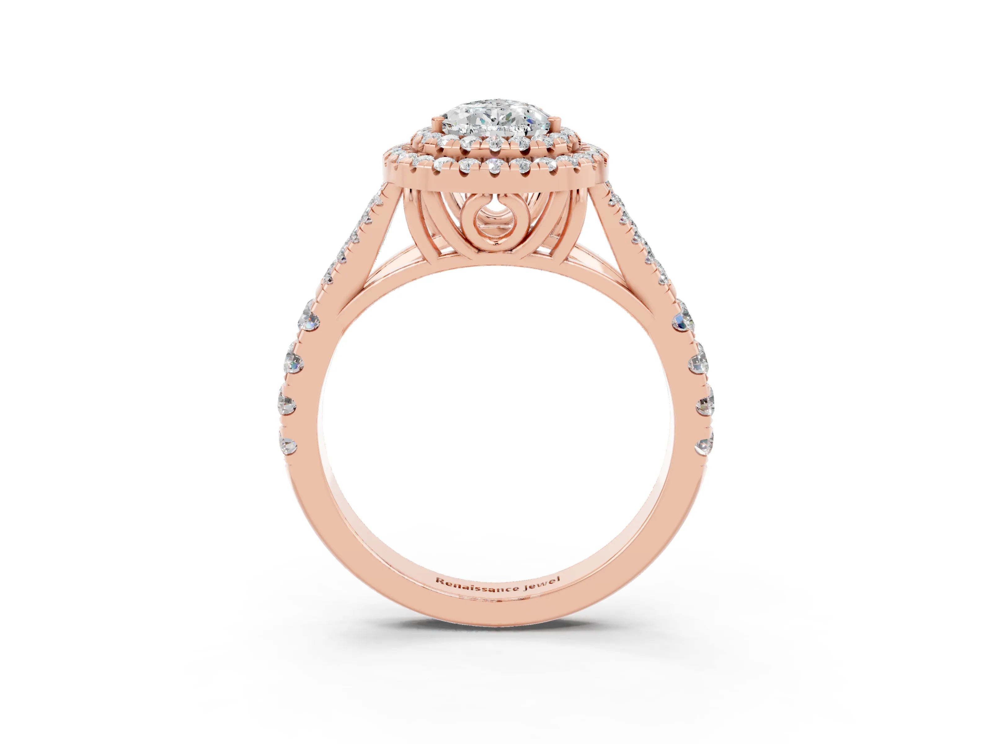 Rose gold Pear Cut Moissanite Double Halo Ring with Split Shank and Prong Setting_15