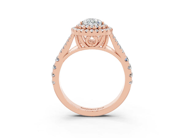 Rose gold Pear Cut Moissanite Double Halo Ring with Split Shank and Prong Setting