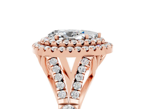 Rose gold Pear Cut Moissanite Double Halo Ring with Split Shank and Prong Setting_17