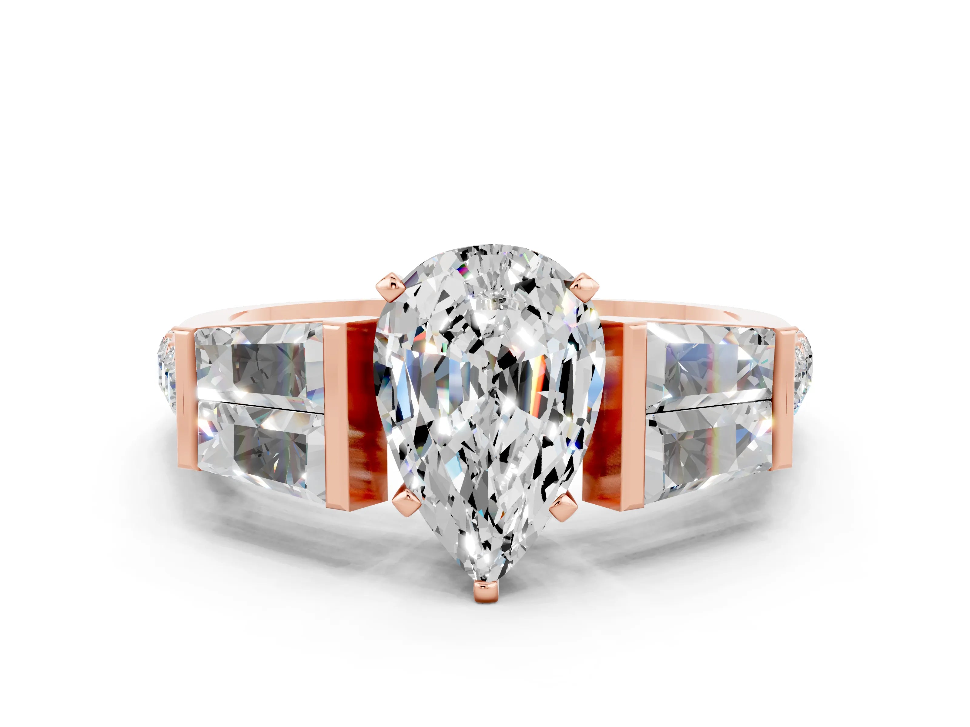 Rose gold Pear Cut Moissanite Engagement Ring with Baguette Side Stones and Channel Set Band
