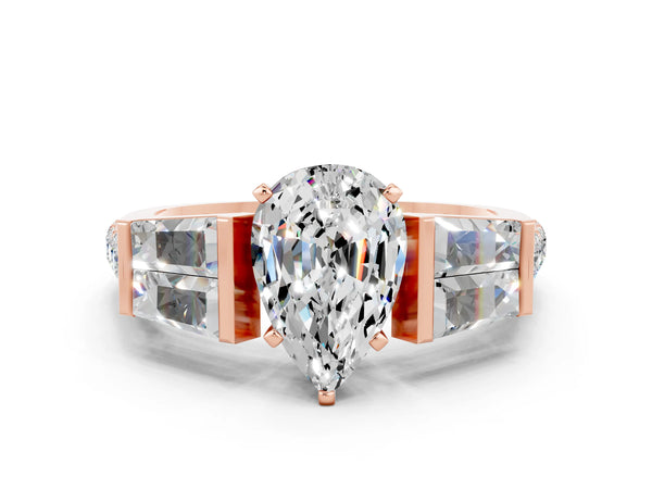 Rose gold Pear Cut Moissanite Engagement Ring with Baguette Side Stones and Channel Set Band