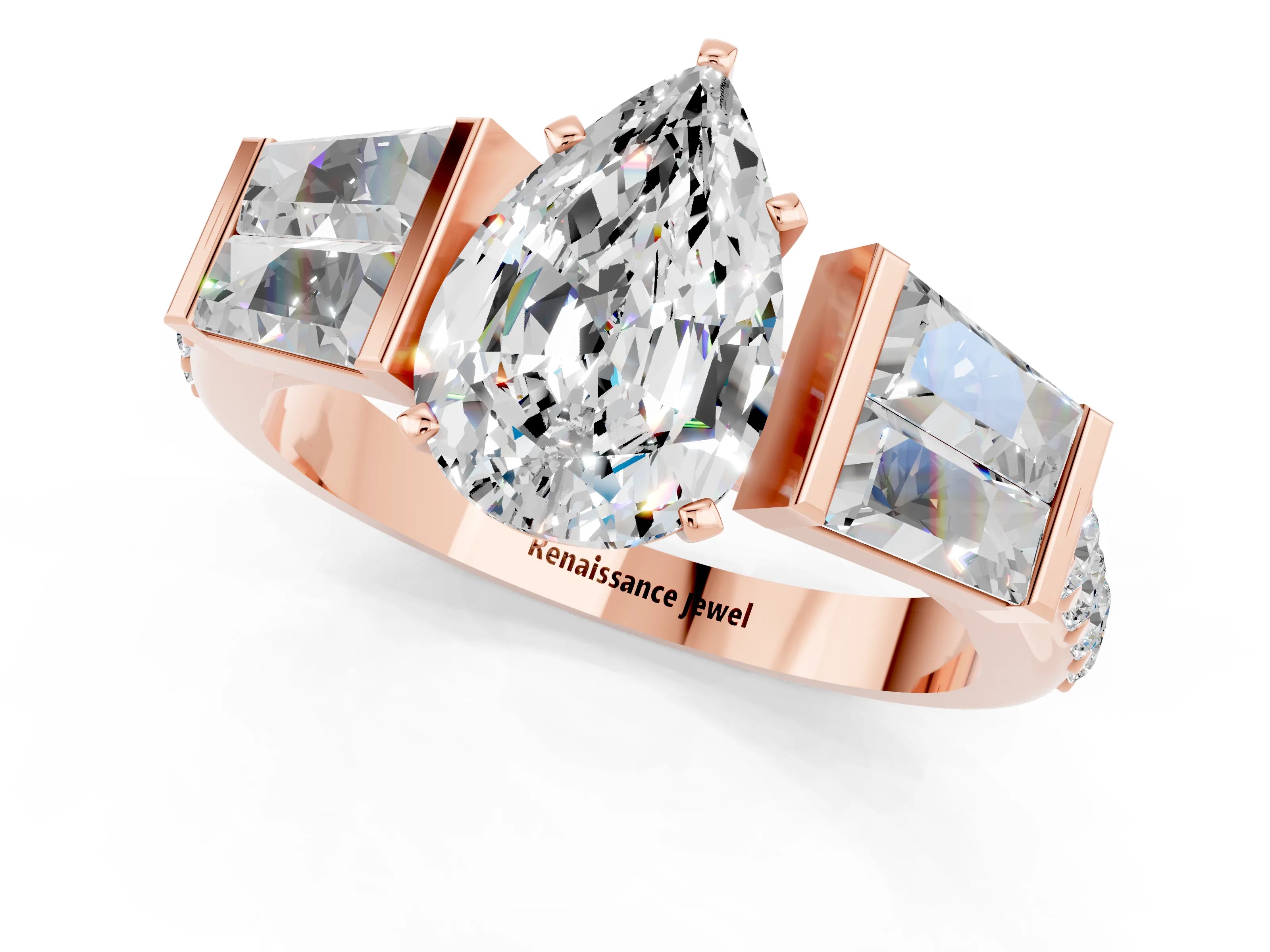 Rose gold Pear Cut Moissanite Engagement Ring with Baguette Side Stones and Channel Set Band_1