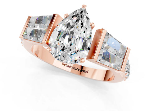 Rose gold Pear Cut Moissanite Engagement Ring with Baguette Side Stones and Channel Set Band_1