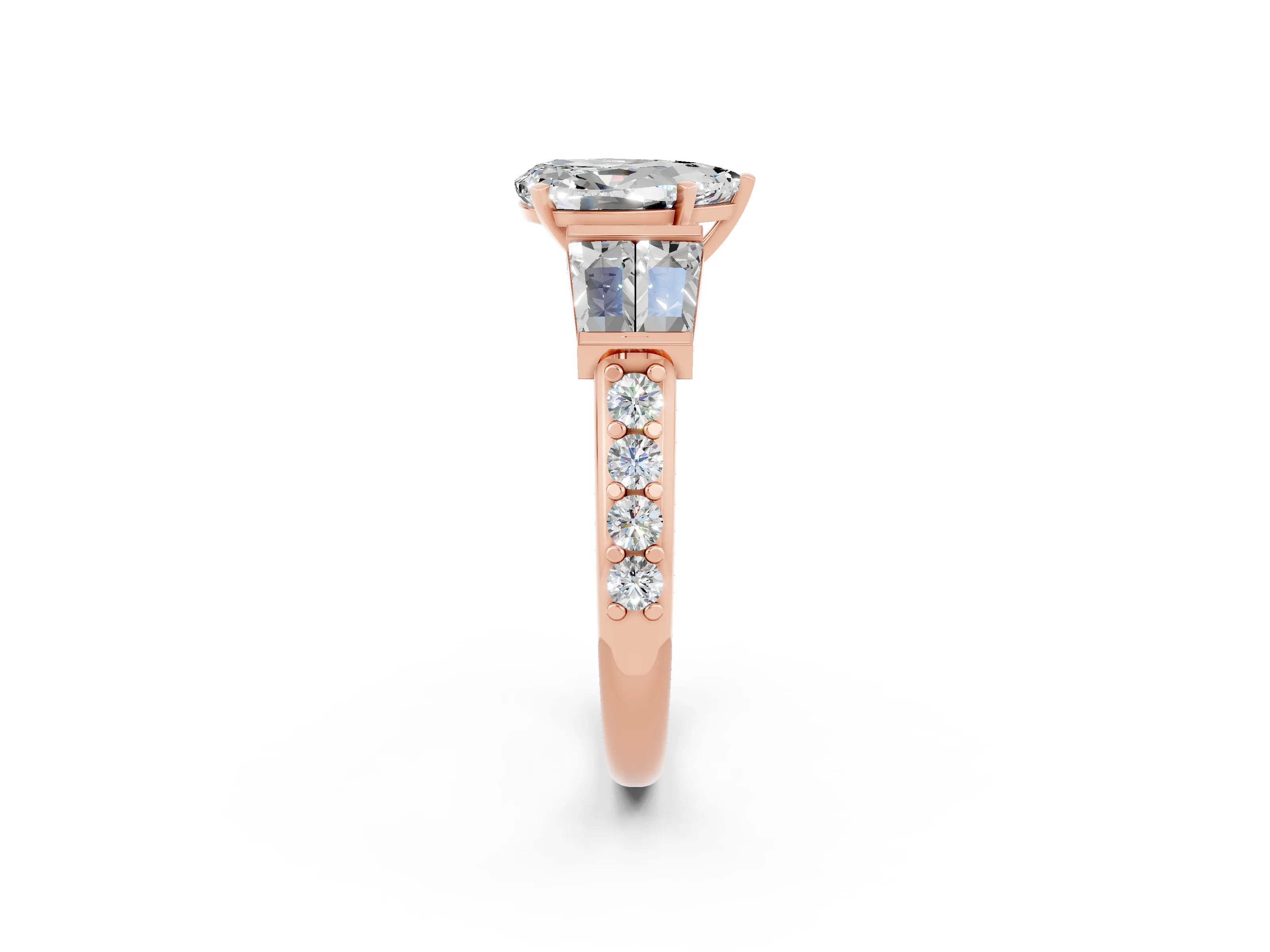 Rose gold Pear Cut Moissanite Engagement Ring with Baguette Side Stones and Channel Set Band_2