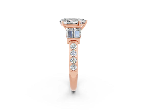 Rose gold Pear Cut Moissanite Engagement Ring with Baguette Side Stones and Channel Set Band
