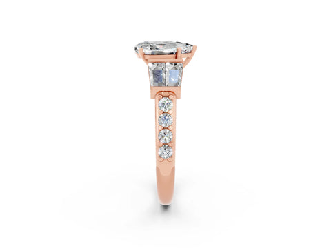 Rose gold Pear Cut Moissanite Engagement Ring with Baguette Side Stones and Channel Set Band_2