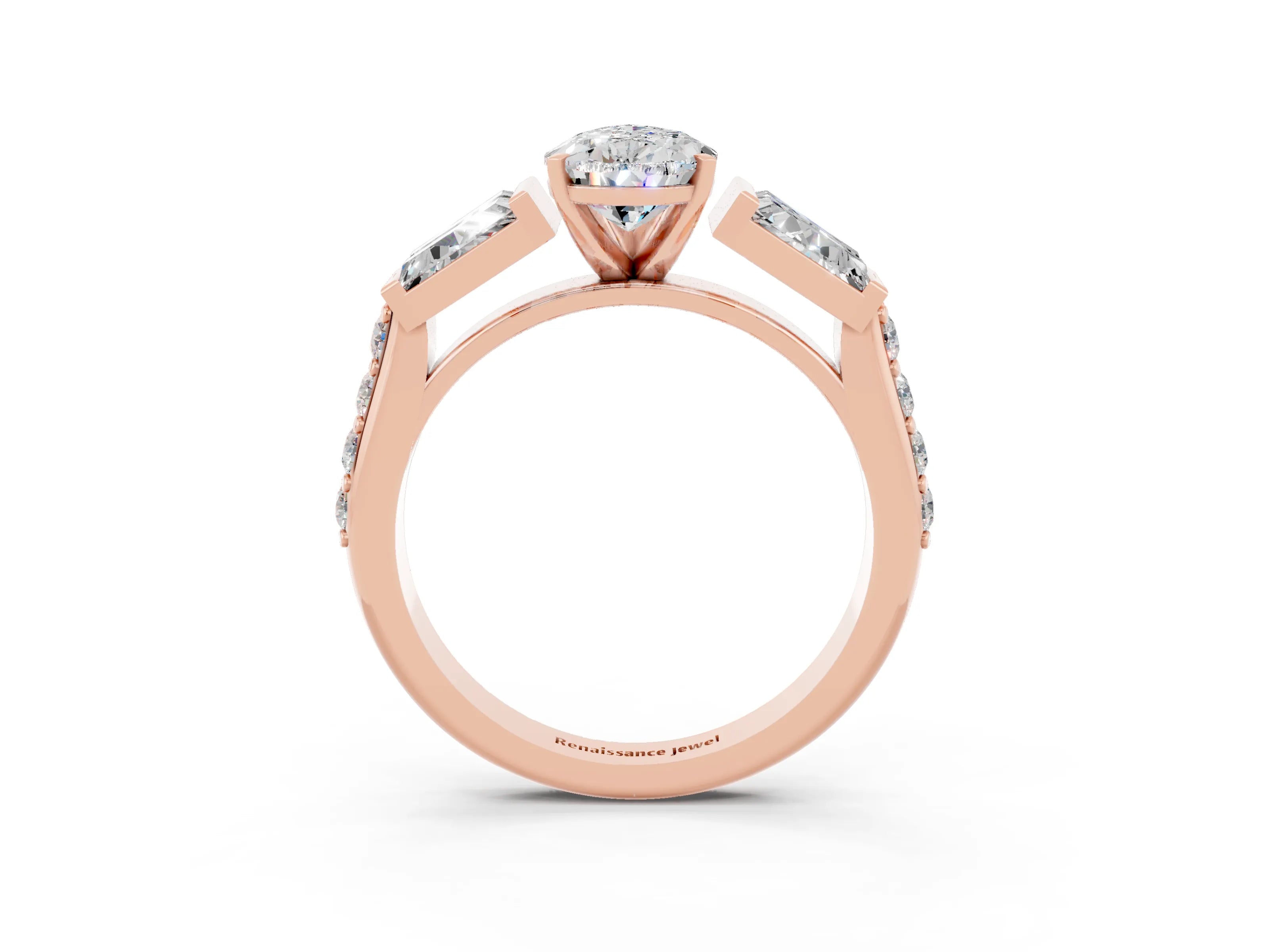 Rose gold Pear Cut Moissanite Engagement Ring with Baguette Side Stones and Channel Set Band_3