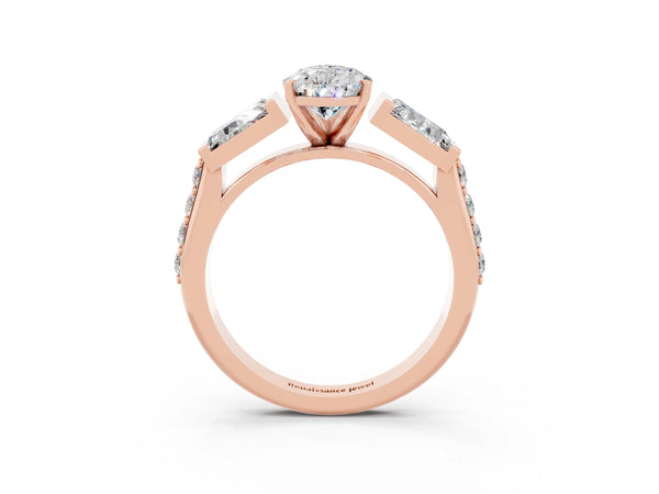 Rose gold Pear Cut Moissanite Engagement Ring with Baguette Side Stones and Channel Set Band