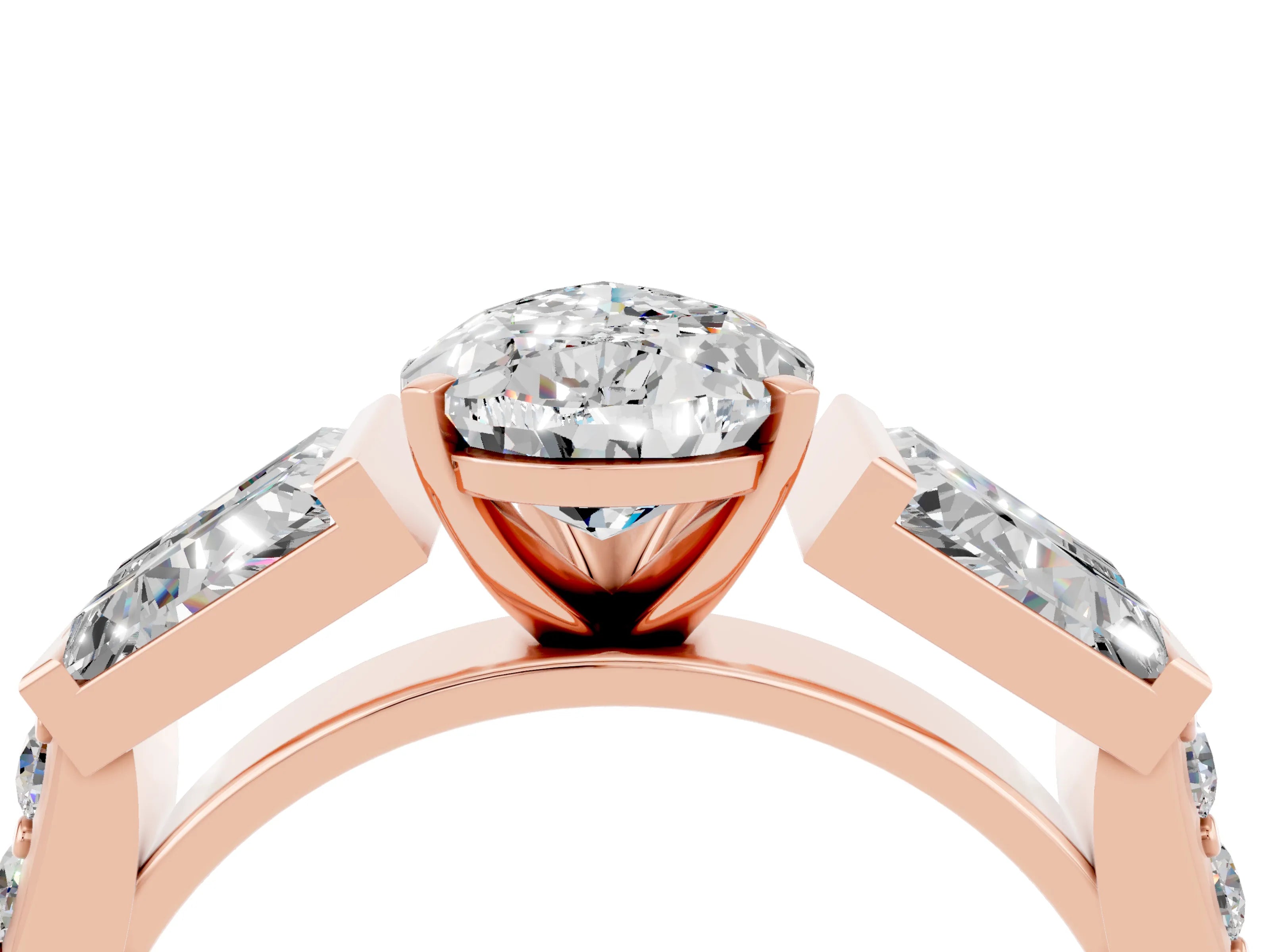 Rose gold Pear Cut Moissanite Engagement Ring with Baguette Side Stones and Channel Set Band_4
