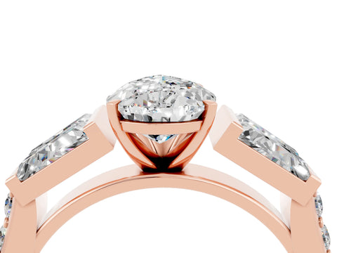 Rose gold Pear Cut Moissanite Engagement Ring with Baguette Side Stones and Channel Set Band_4