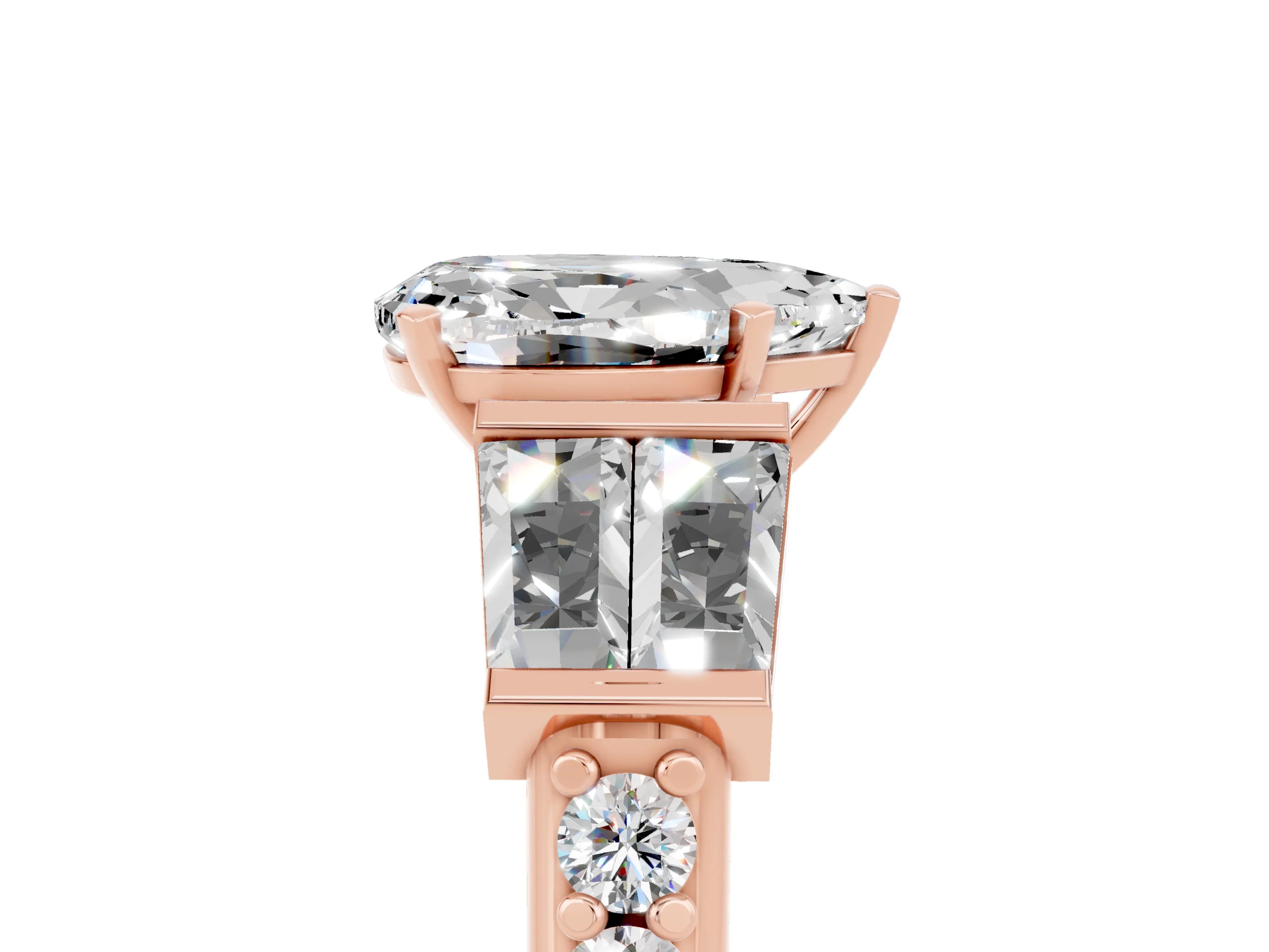 Rose gold Pear Cut Moissanite Engagement Ring with Baguette Side Stones and Channel Set Band_5
