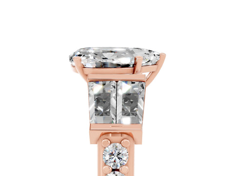 Rose gold Pear Cut Moissanite Engagement Ring with Baguette Side Stones and Channel Set Band_5