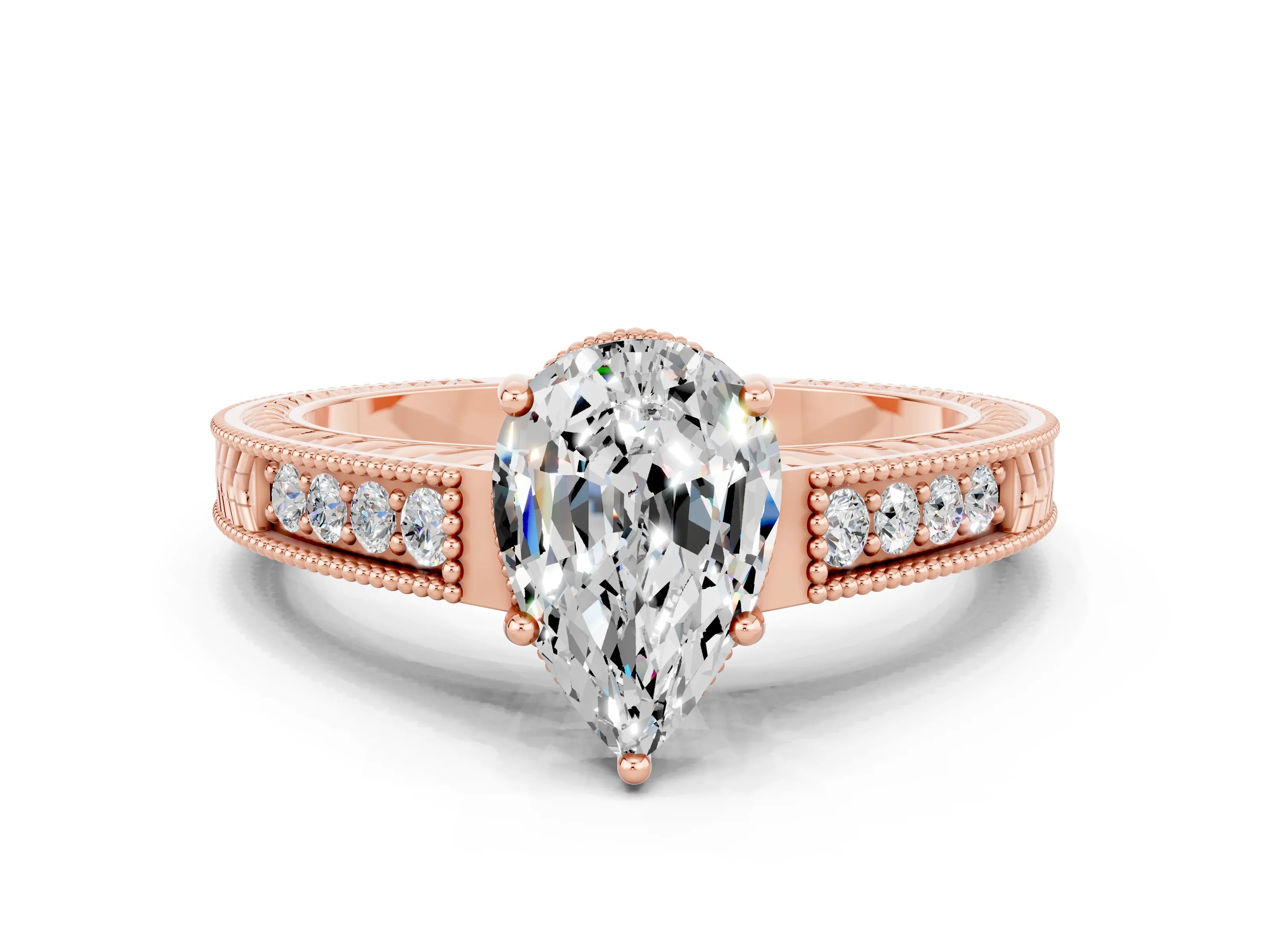 Rose gold Pear Cut Moissanite Engagement Ring with Milgrain Channel Set Band and Prong Setting