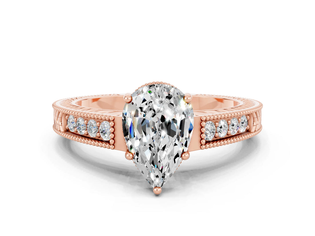 Rose gold Pear Cut Moissanite Engagement Ring with Milgrain Channel Set Band and Prong Setting