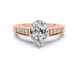 Rose gold Pear Cut Moissanite Engagement Ring with Milgrain Channel Set Band and Prong Setting