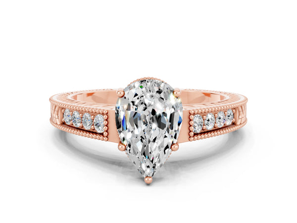 Rose gold Pear Cut Moissanite Engagement Ring with Milgrain Channel Set Band and Prong Setting