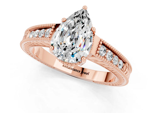 Rose gold Pear Cut Moissanite Engagement Ring with Milgrain Channel Set Band and Prong Setting_1