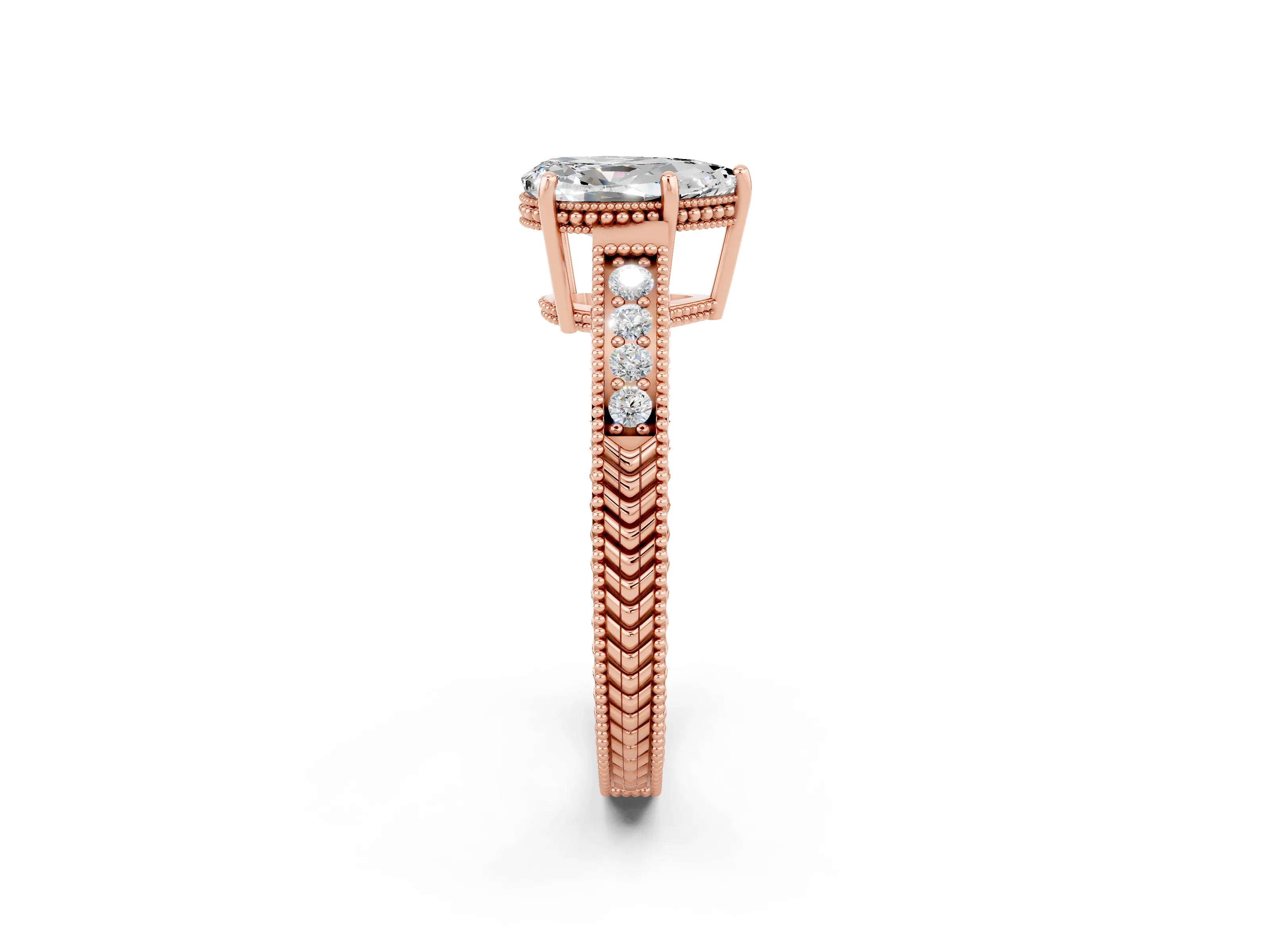 Rose gold Pear Cut Moissanite Engagement Ring with Milgrain Channel Set Band and Prong Setting_2