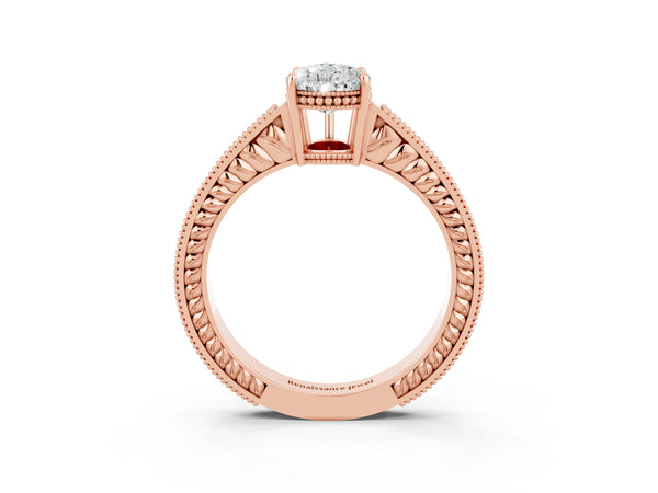 Rose gold Pear Cut Moissanite Engagement Ring with Milgrain Channel Set Band and Prong Setting