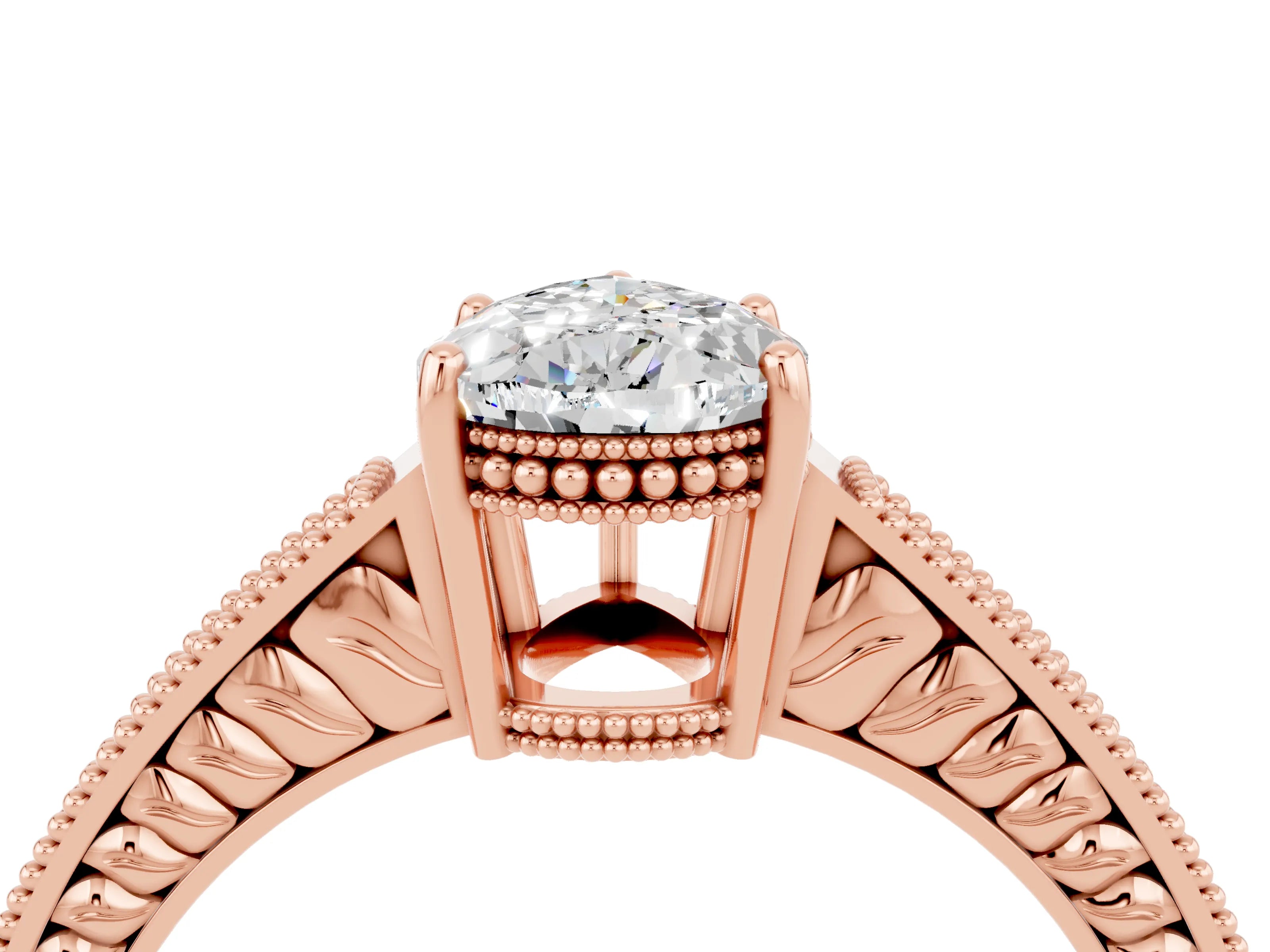 Rose gold Pear Cut Moissanite Engagement Ring with Milgrain Channel Set Band and Prong Setting_4