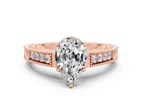 Rose gold Pear Cut Moissanite Engagement Ring with Milgrain Channel Set Band and Prong Setting