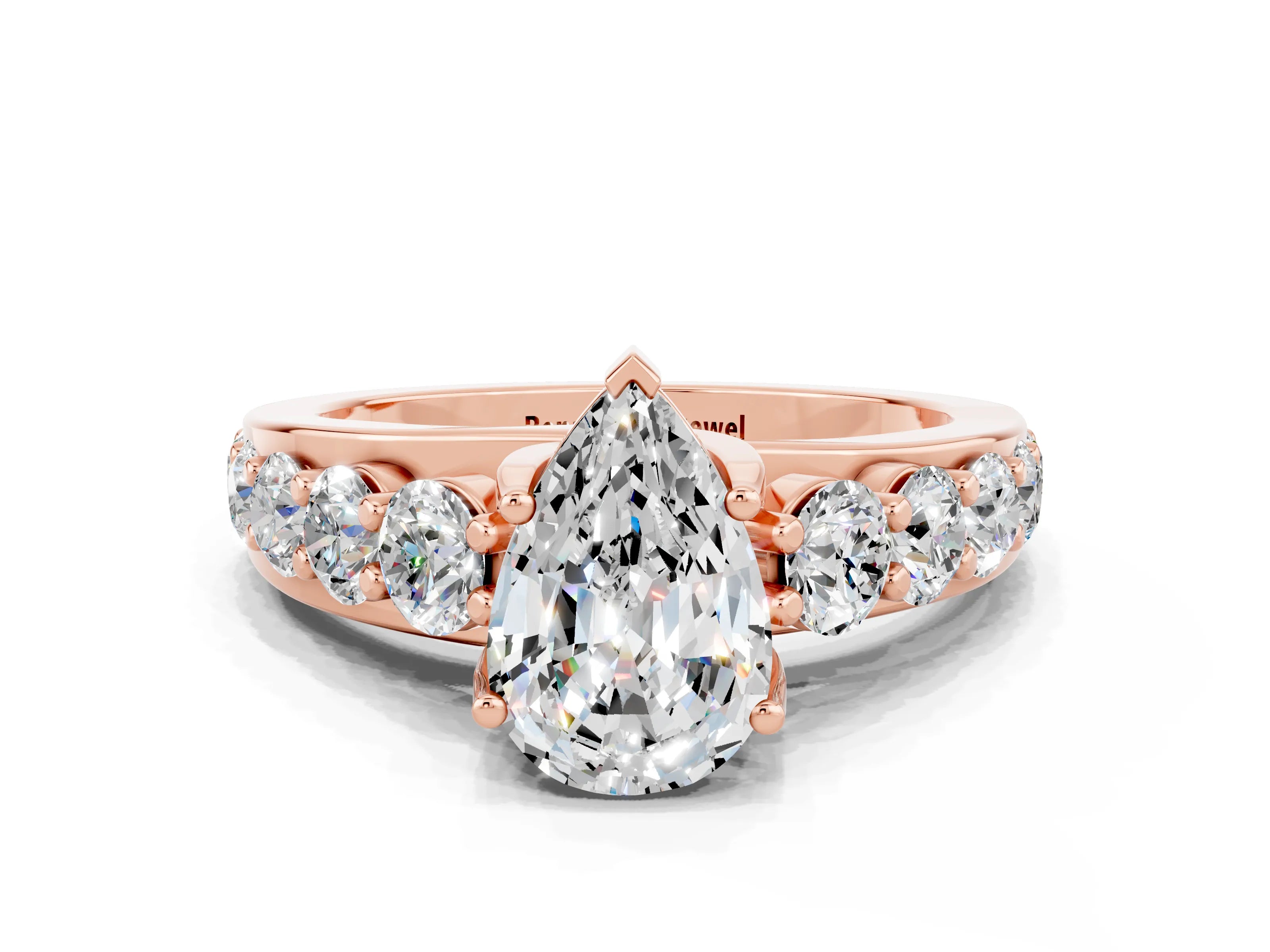 Rose gold Pear Cut Moissanite Engagement Ring with Pavé Band and Four-Prong Setting